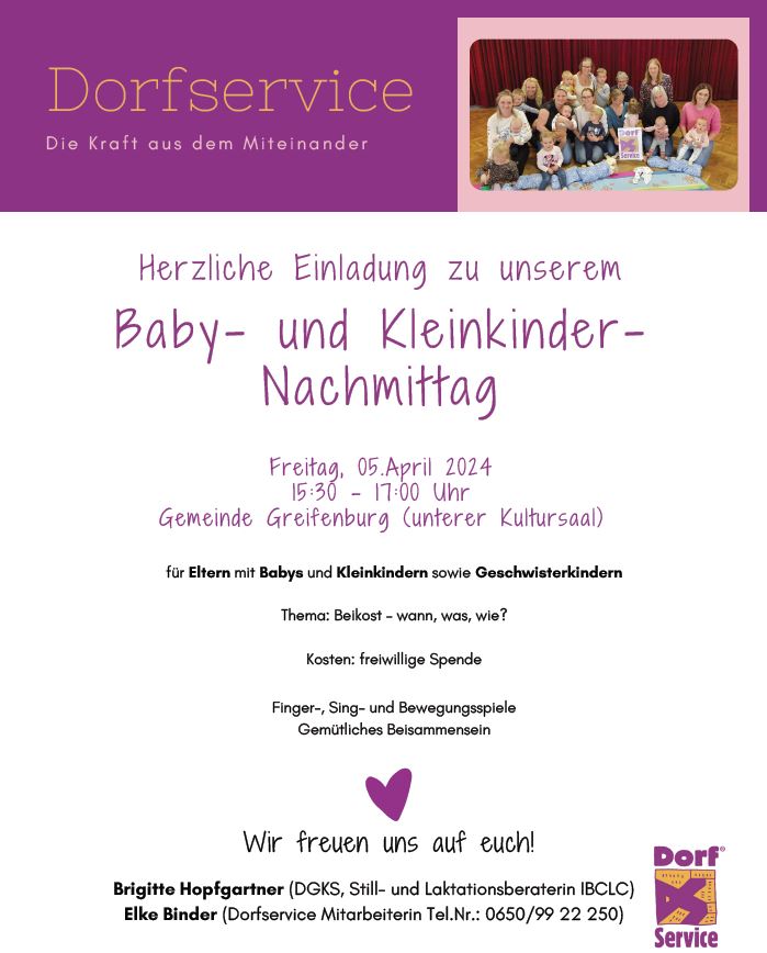Einladung zum Baby-und Kleiinkinder Nachmittag des Dorfservices am 05.1.2024 von 15 Uhr 30 bis 17 Uhr im unteren Kultursaal der Marktgemeinde Greifenburg.